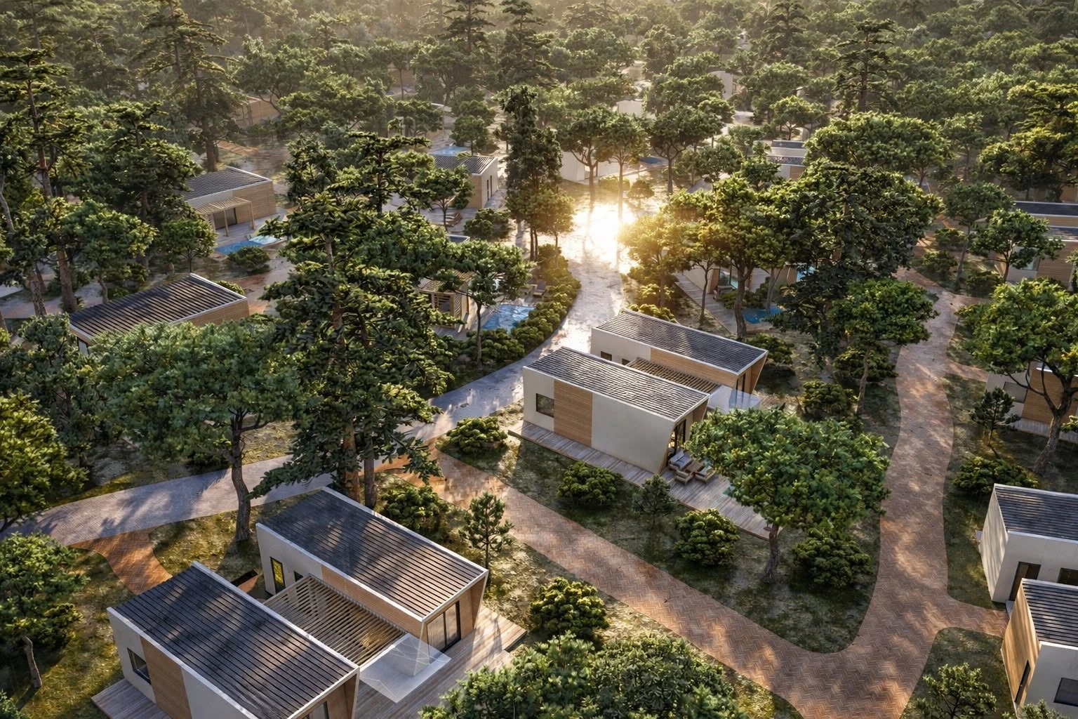 Kozarica resort forest aerial visualization at golden hour